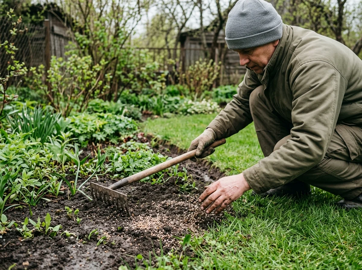 Väetis mulda rehitud